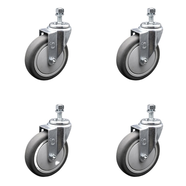5 Inch SS Thermoplastic Rubber Wheel Swivel 1/2 Inch Threaded Stem Caster Set SCC